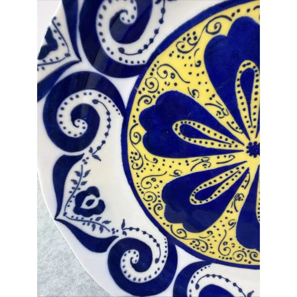 Anthropologie Cordoba Blue Yellow Floral Dinner Plate Handpainted Pottery